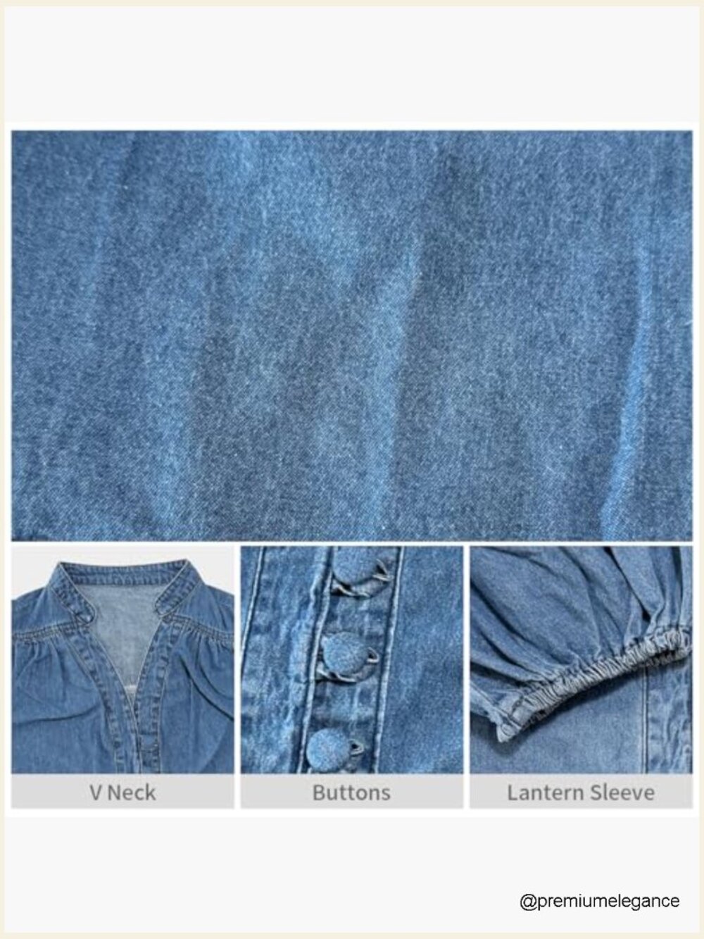 Vintage V Neck Denim Shirt 3/4 Lantern Sleeve Button Down Blouse - Picture 6 of 6